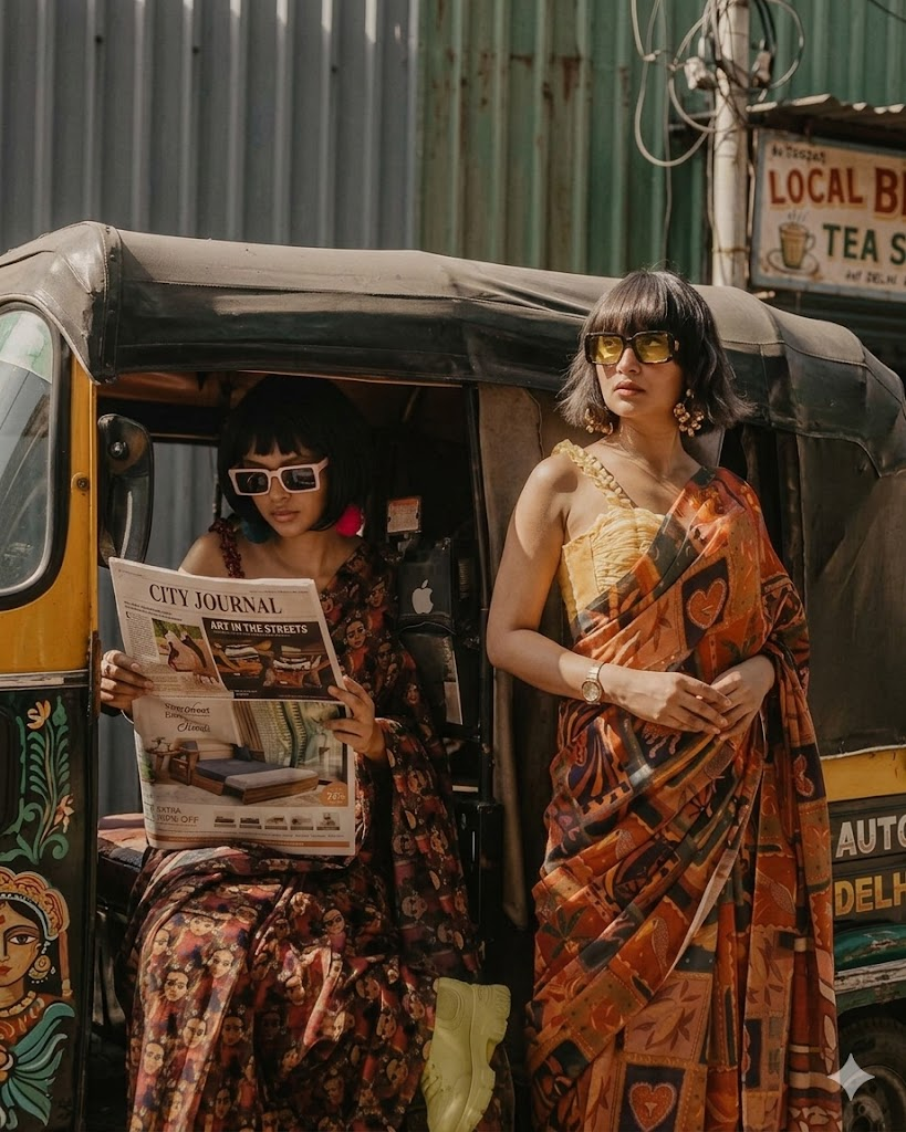 Delhi street-style — an autumn drape reading against a City Journal masthead