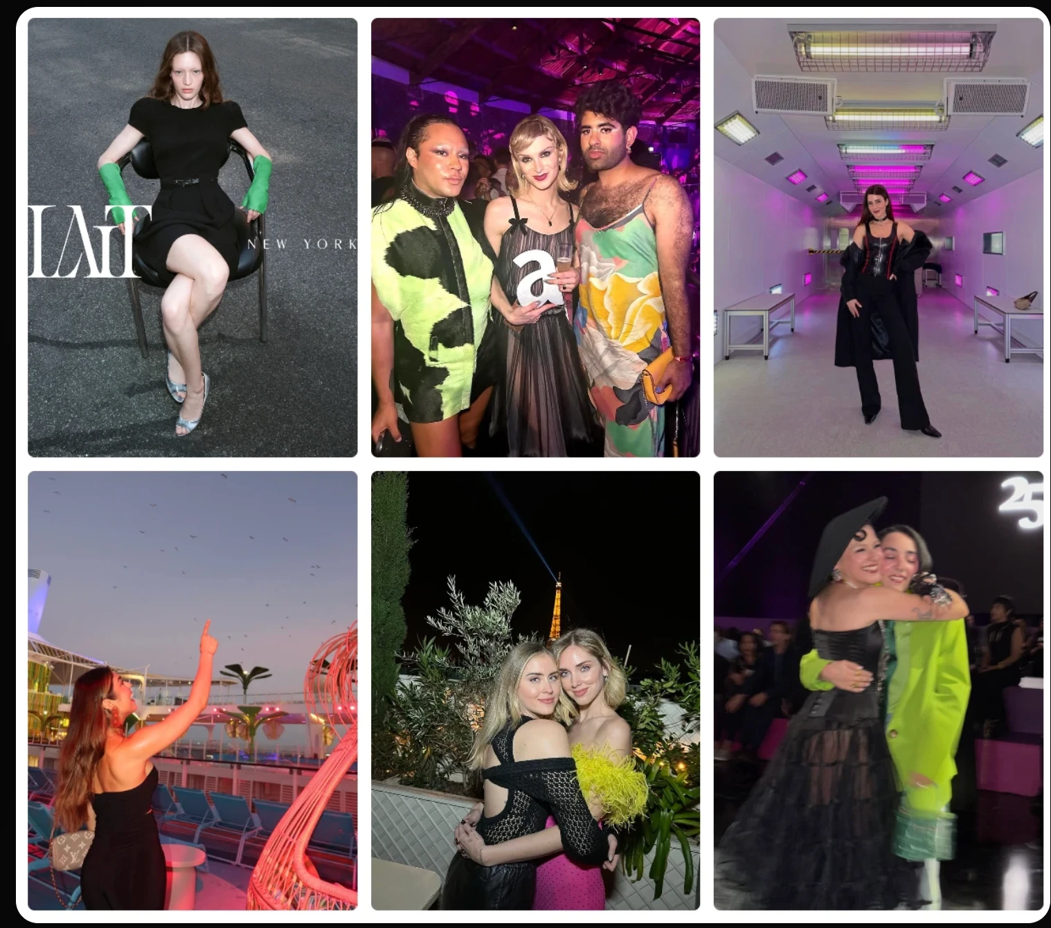 Hopit agentic search results for 'black dress with neon accents' — six editorial looks, each with a visible neon element
